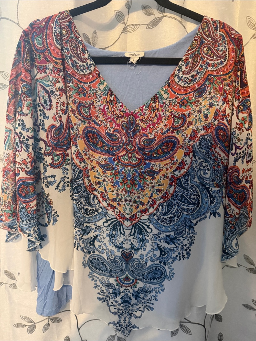 Westport Multicolor Paisley V-Neck Tunic — Blue, Red, Yellow, Cream